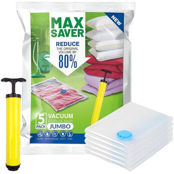 Max Saver Polyethylene 5 Pack Vacuum Bags for Travel, Space Saver 5 Jumbo Storage Bag for Bedding, Pillows, Comforters, Blankets Sealer Compression Airtight Reusable Packing Ziplocks, Transparent